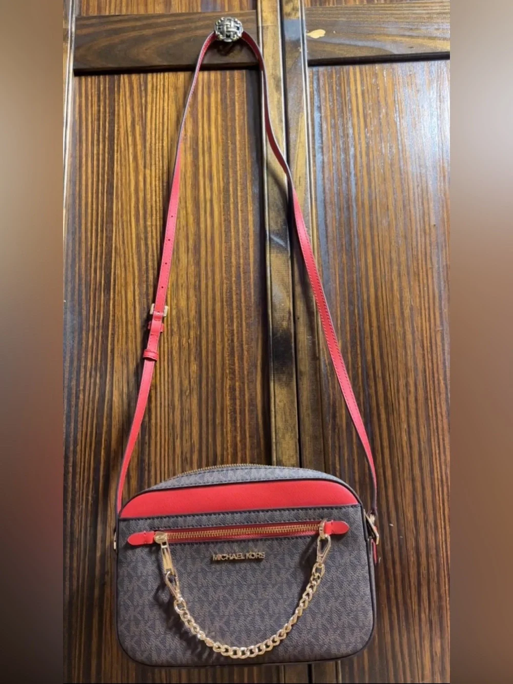 Michael Kors Brown Monogram Crossbody with Red Trim